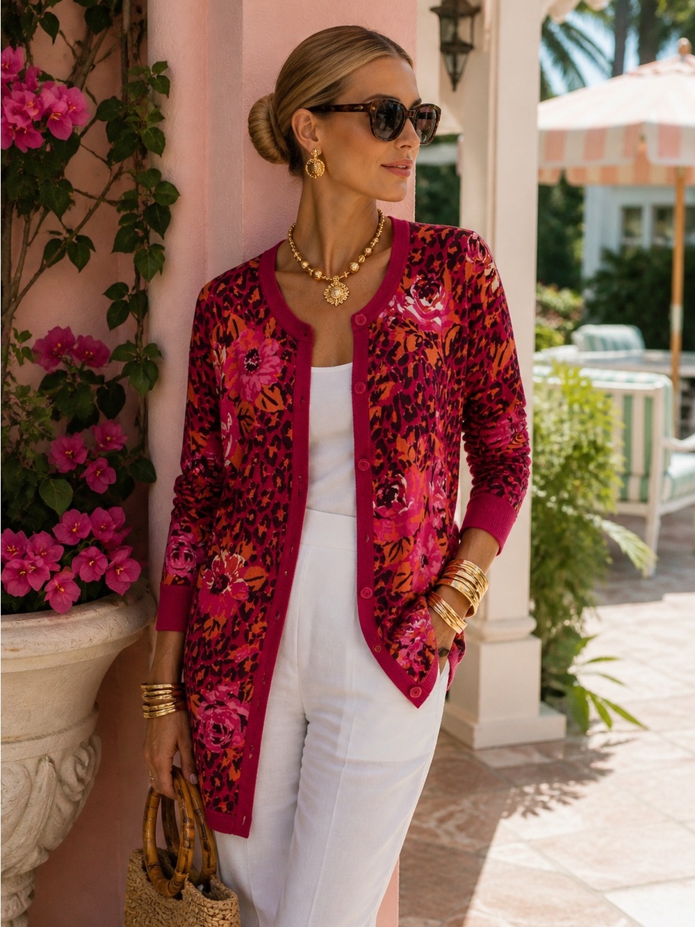 Isaac Mizrahi Leopard Floral Cardigan Women’s Small Pink Palm Beach Maximalist